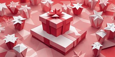 The primary subject of the image is a red box with a bow on top, placed on a pink surface. The setting appears to be a festive environment, possibly a holiday celebration. The visual style of the image is a combination of digital art and illustration, creating a vibrant and lively atmosphere. The dominant colors in the image are red and pink, which contribute to the cheerful and celebratory mood.